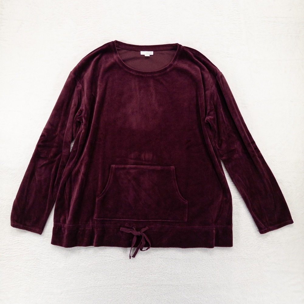 Pure Jill Top Women XL Burgundy Velour Pima Cotton Pullover Kangaroo Pocket Cozy